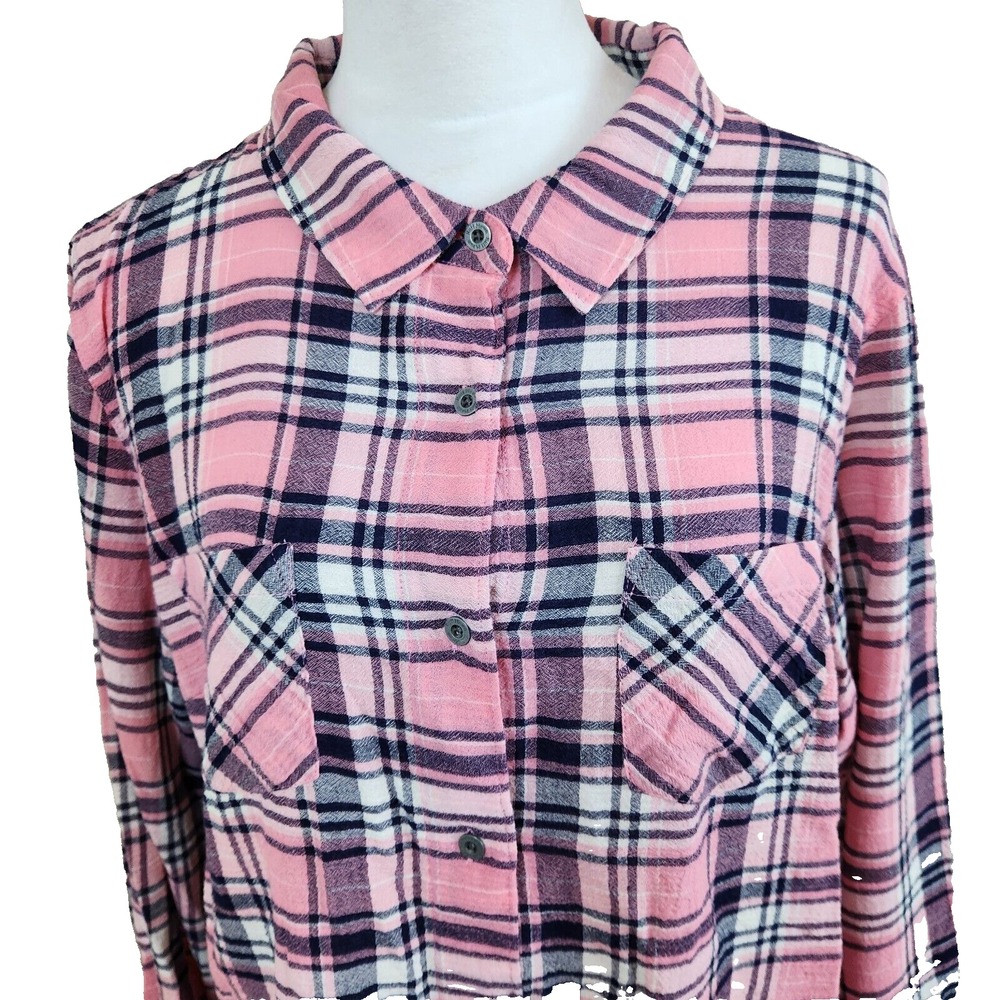 NWT Ruff Hewn Button Up Shirt Womens‎ XL Pink Plaid Long Sleeve Casual Camp Top